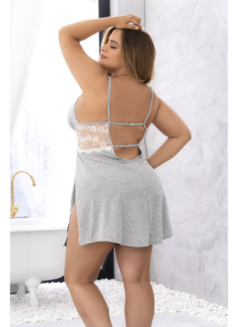 Nuisette en coton grise grande taille fendue sur les côtés et finition dentelle blanche - MAL7313XGREY